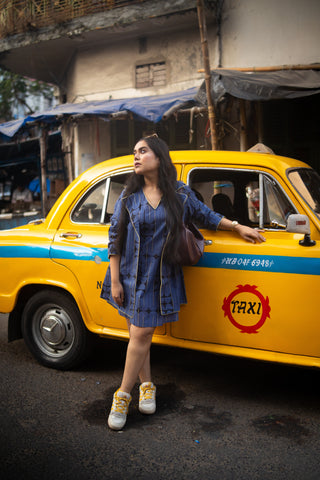 Blue&Black Geometric Printed Jacket and Sleeveless dress (Set of 2)