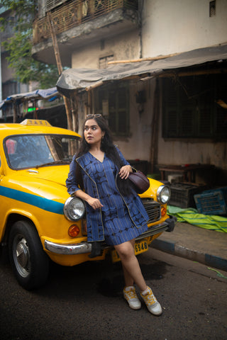 Blue&Black Geometric Printed Jacket and Sleeveless dress (Set of 2)