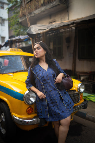 Blue&Black Geometric Printed Jacket and Sleeveless dress (Set of 2)