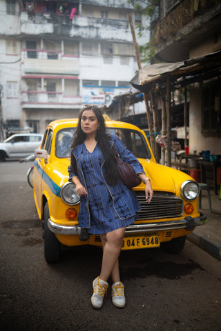Blue&Black Geometric Printed Jacket and Sleeveless dress (Set of 2)