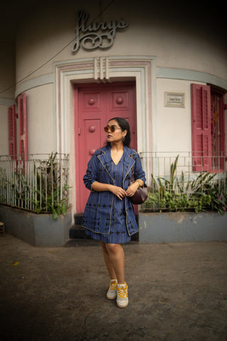 Blue&Black Geometric Printed Jacket and Sleeveless dress (Set of 2)