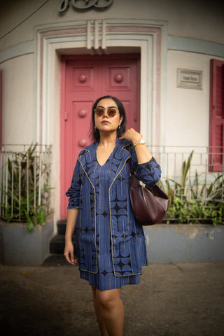 Blue&Black Geometric Printed Jacket and Sleeveless dress (Set of 2)