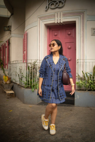 Blue&Black Geometric Printed Jacket and Sleeveless dress (Set of 2)