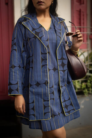 Blue&Black Geometric Printed Jacket and Sleeveless dress (Set of 2)