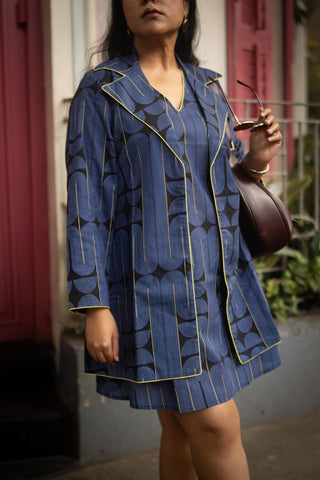 Blue&Black Geometric Printed Jacket and Sleeveless dress (Set of 2)