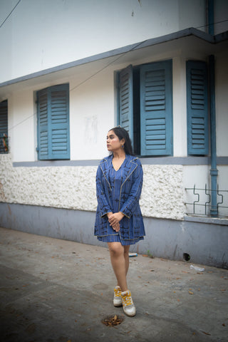 Blue&Black Geometric Printed Jacket and Sleeveless dress (Set of 2)