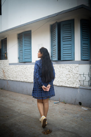 Blue&Black Geometric Printed Jacket and Sleeveless dress (Set of 2)