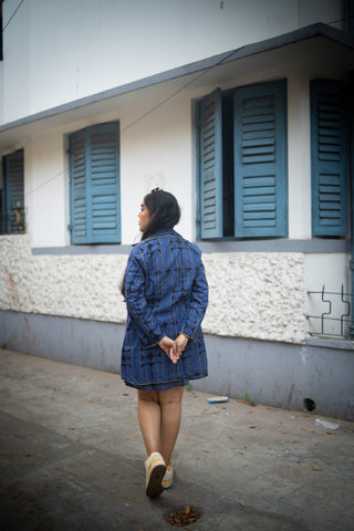 Blue&Black Geometric Printed Jacket and Sleeveless dress (Set of 2)