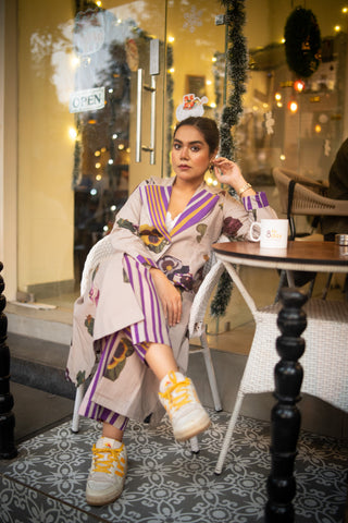 Grey Floral Printed Long Jacket and Purple stripes Pant (Set of 2)