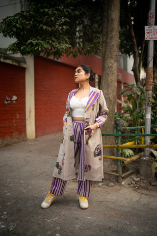 Grey Floral Printed Long Jacket and Purple stripes Pant (Set of 2)