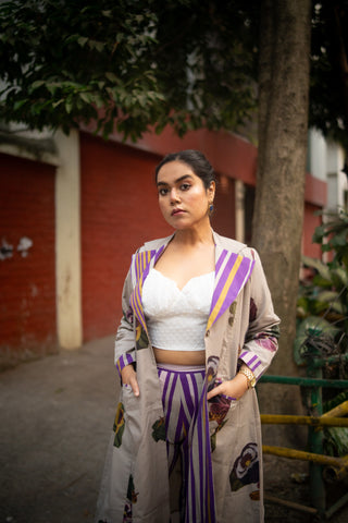 Grey Floral Printed Long Jacket and Purple stripes Pant (Set of 2)
