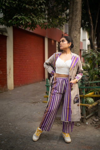 Grey Floral Printed Long Jacket and Purple stripes Pant (Set of 2)