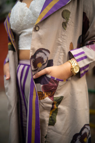 Grey Floral Printed Long Jacket and Purple stripes Pant (Set of 2)