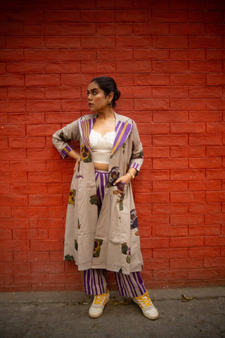 Grey Floral Printed Long Jacket and Purple stripes Pant (Set of 2)