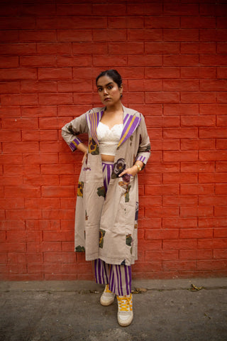Grey Floral Printed Long Jacket and Purple stripes Pant (Set of 2)