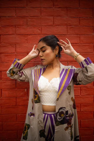 Grey Floral Printed Long Jacket and Purple stripes Pant (Set of 2)