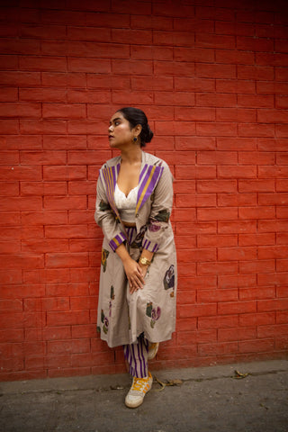Grey Floral Printed Long Jacket and Purple stripes Pant (Set of 2)