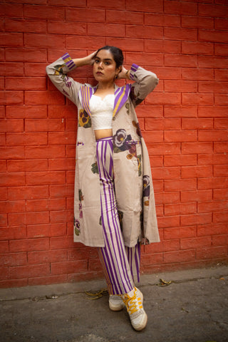 Grey Floral Printed Long Jacket and Purple stripes Pant (Set of 2)