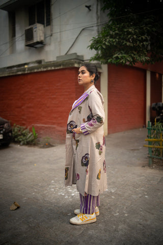 Grey Floral Printed Long Jacket and Purple stripes Pant (Set of 2)