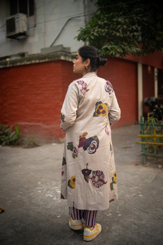 Grey Floral Printed Long Jacket and Purple stripes Pant (Set of 2)