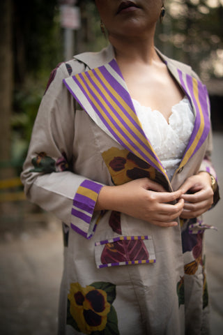 Grey Floral Printed Long Jacket and Purple stripes Pant (Set of 2)