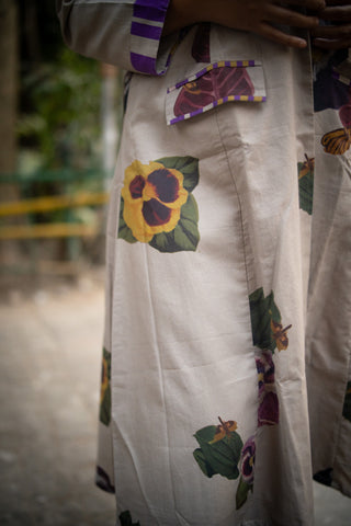 Grey Floral Printed Long Jacket and Purple stripes Pant (Set of 2)