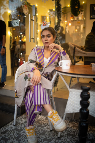 Grey Floral Printed Long Jacket and Purple stripes Pant (Set of 2)