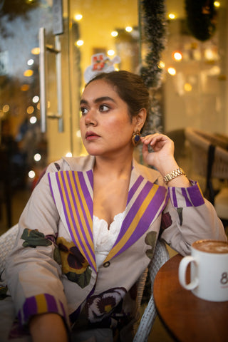 Grey Floral Printed Long Jacket and Purple stripes Pant (Set of 2)