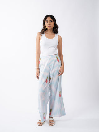 Ivory & Sky Blue Pineapple Print Wide-Leg Trousers
