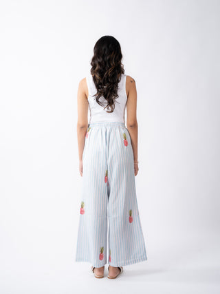 Ivory & Sky Blue Pineapple Print Wide-Leg Trousers