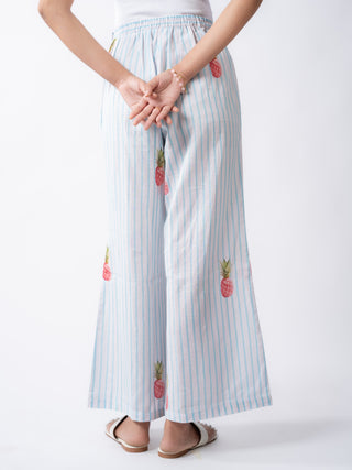 Ivory & Sky Blue Pineapple Print Wide-Leg Trousers