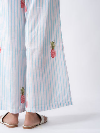 Ivory & Sky Blue Pineapple Print Wide-Leg Trousers