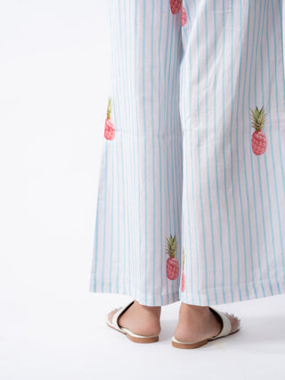 Ivory & Sky Blue Pineapple Print Wide-Leg Trousers