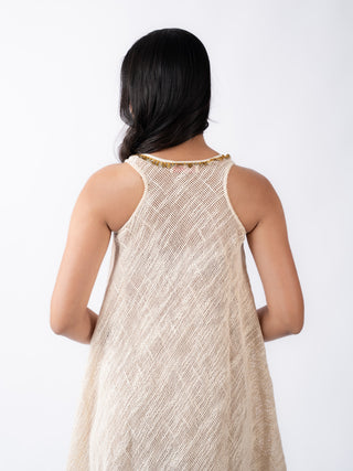 Metal-Trimmed Layered Jute A-Line Dress