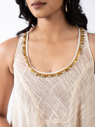 Metal-Trimmed Layered Jute A-Line Dress