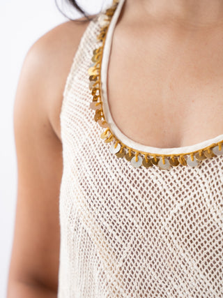 Metal-Trimmed Layered Jute A-Line Dress