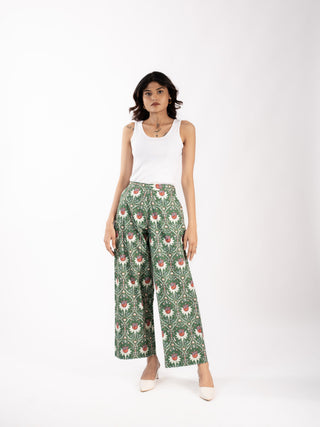 Green Floral Printed Cotton Straight Pants