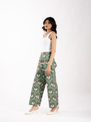 Green Floral Printed Cotton Straight Pants