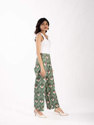 Green Floral Printed Cotton Straight Pants