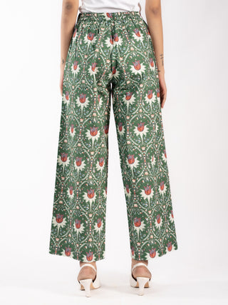 Green Floral Printed Cotton Straight Pants