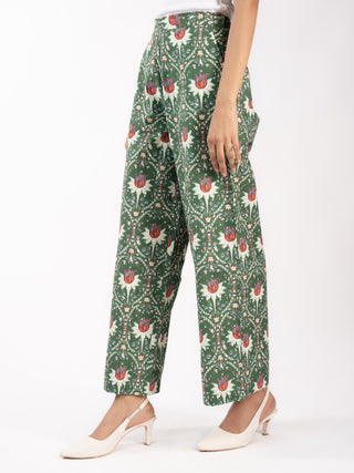 Green Floral Printed Cotton Straight Pants