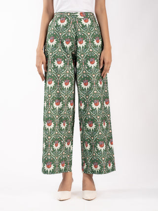 Green Floral Printed Cotton Straight Pants