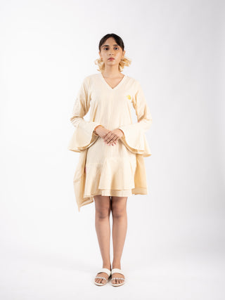 Soft V-Neck Beige Stripes Tunic Dress