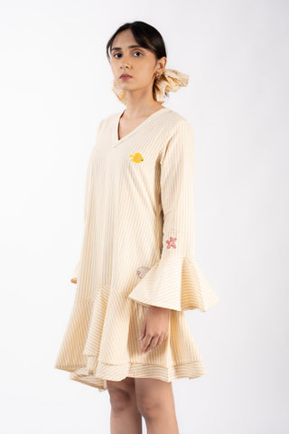 Soft V-Neck Beige Stripes Tunic Dress