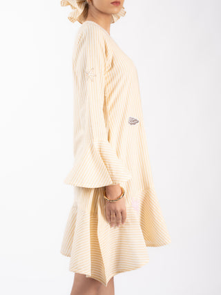 Soft V-Neck Beige Stripes Tunic Dress
