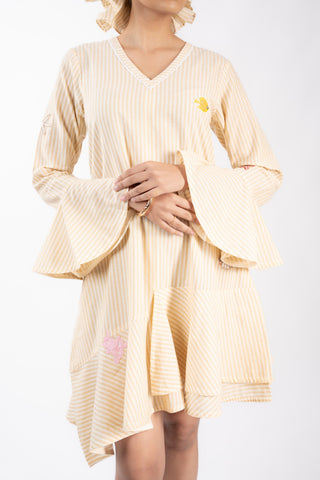Soft V-Neck Beige Stripes Tunic Dress