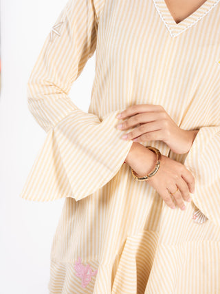 Soft V-Neck Beige Stripes Tunic Dress