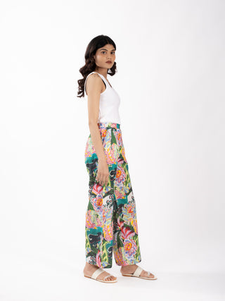 Green Floral Printed Cotton Straight Pants