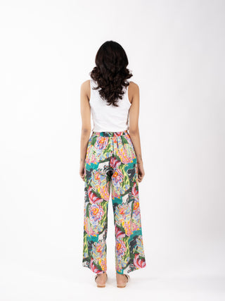 Green Floral Printed Cotton Straight Pants