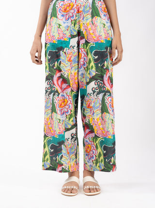 Green Floral Printed Cotton Straight Pants